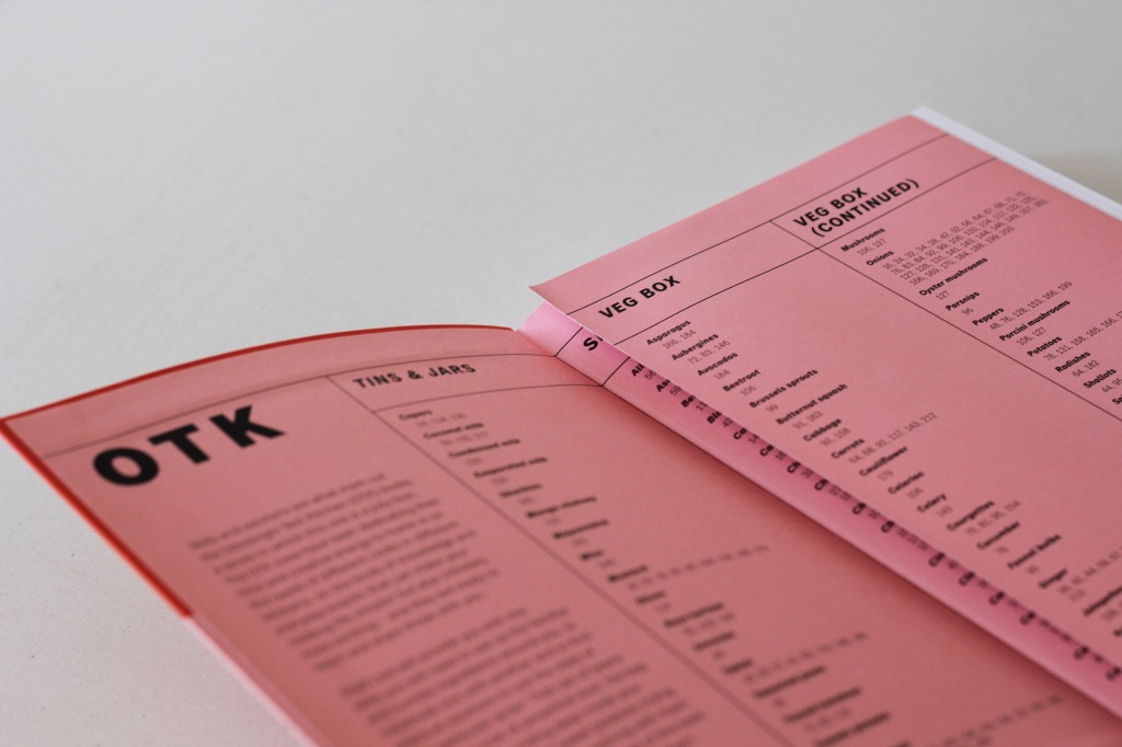 The inside front cover over a book with a pink background and black text broken into columns with the heads 'Tins and jars', 'Veg box' and 'Veg box continued'.
